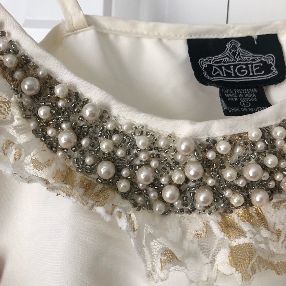 Angie White Dress with Gold Lace and Pearl Details - Picture 3 of 5